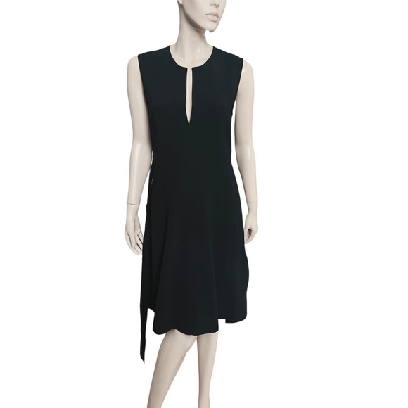 Theory Desza Deep Navy Admiral Crepe Black Asymetrical Hem Belted Dress Sz 6 - Picture 7 of 15